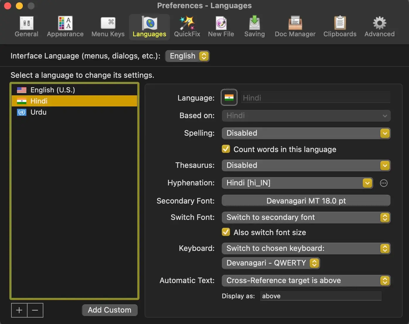 Language settings in LibreOffice, showing Hindi selected as the CTL language