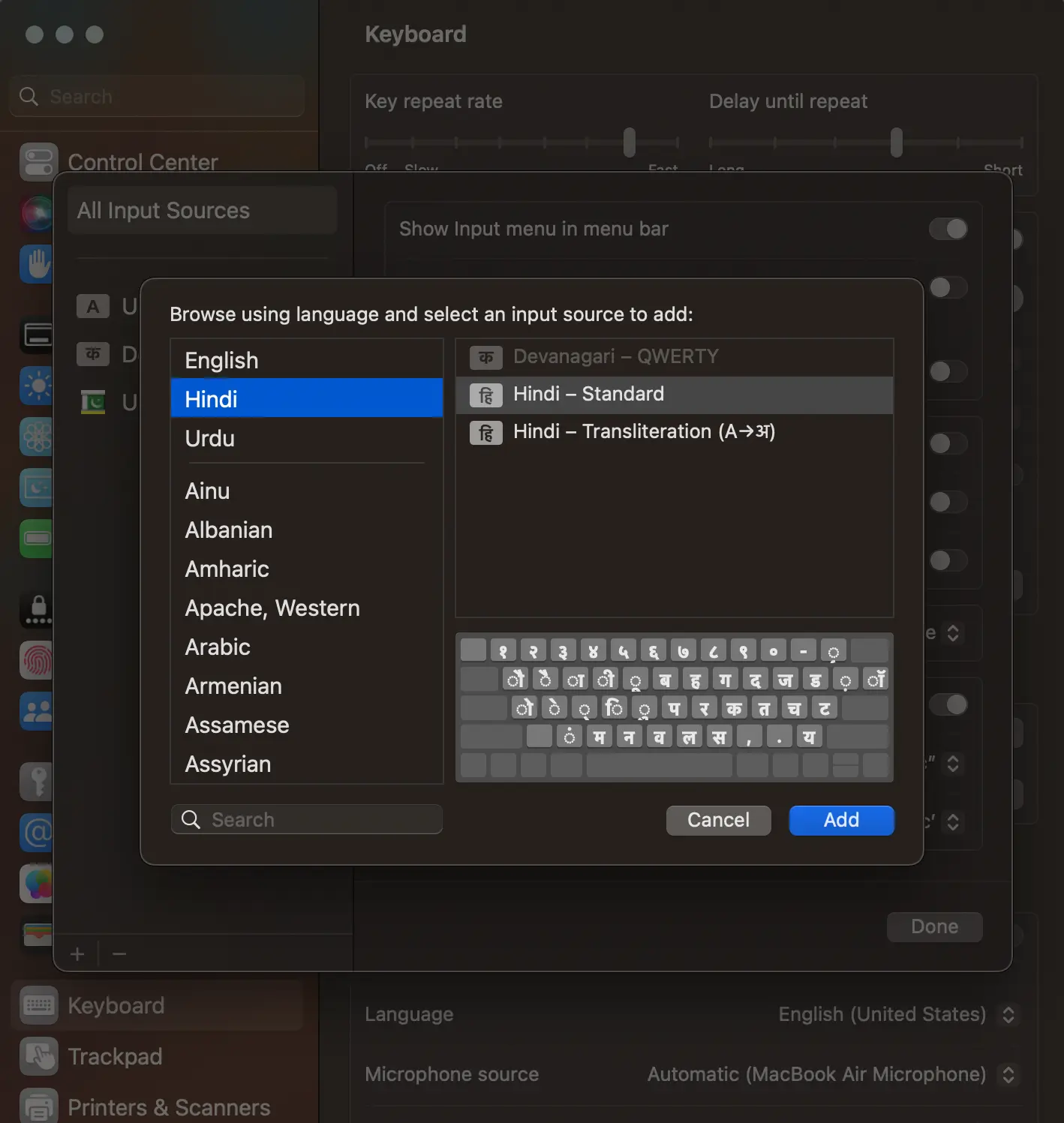 Keyboard settings displaying input sources for typing in Hindi.